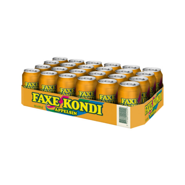 En hel ramme Faxe Kondi appelsin på dåse